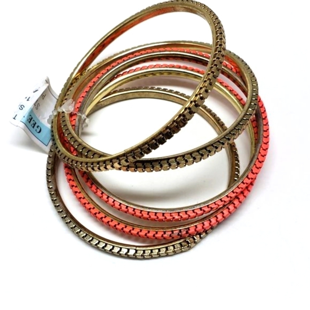 Women's Set of 5 Gold & Salmon Coral Pink Colors Bangle Bracelets Jewelry - Picture 4 of 9